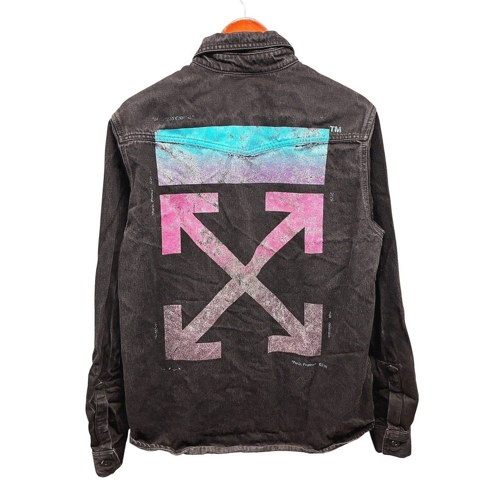 Off-White Arrows Graphic Denim Overshirt Jacket Mens M Black Distressed Luxury